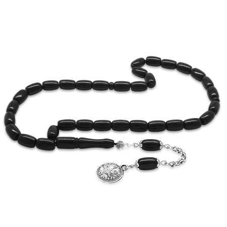 Kararmaz Metal Tuğra Püsküllü Kapsül Kesim Siyah Kanayan Bağa Katalin Tesbih - Tesbihane