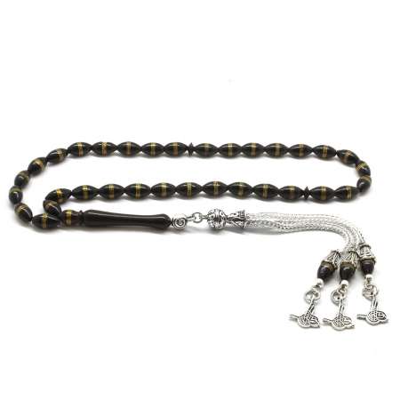 Kararmaz Metal Tuğra Püsküllü Pirinç İşlemeli Arpa Kesim Kuka Tesbih - Tesbihane