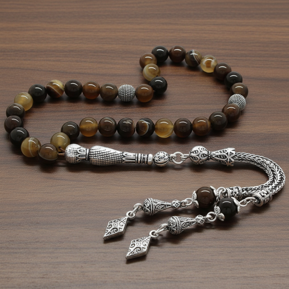 Kararmaz Metal Püsküllü Küre Kesim Madagaskar Akik Doğaltaş Tesbih - 2