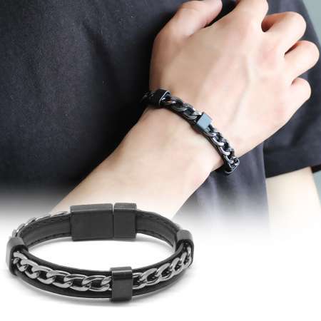 Kararmaz Metal Zincir Örgülü Siyah Deri-Çelik Kombinli Erkek Bileklik - STOKYOK