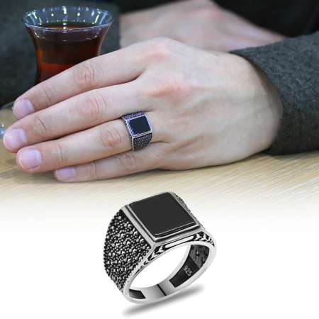 Kare Oniks Taşlı Kenarları Telkari Tasarım 925 Ayar Gümüş Erkek Yüzük - STOKYOK