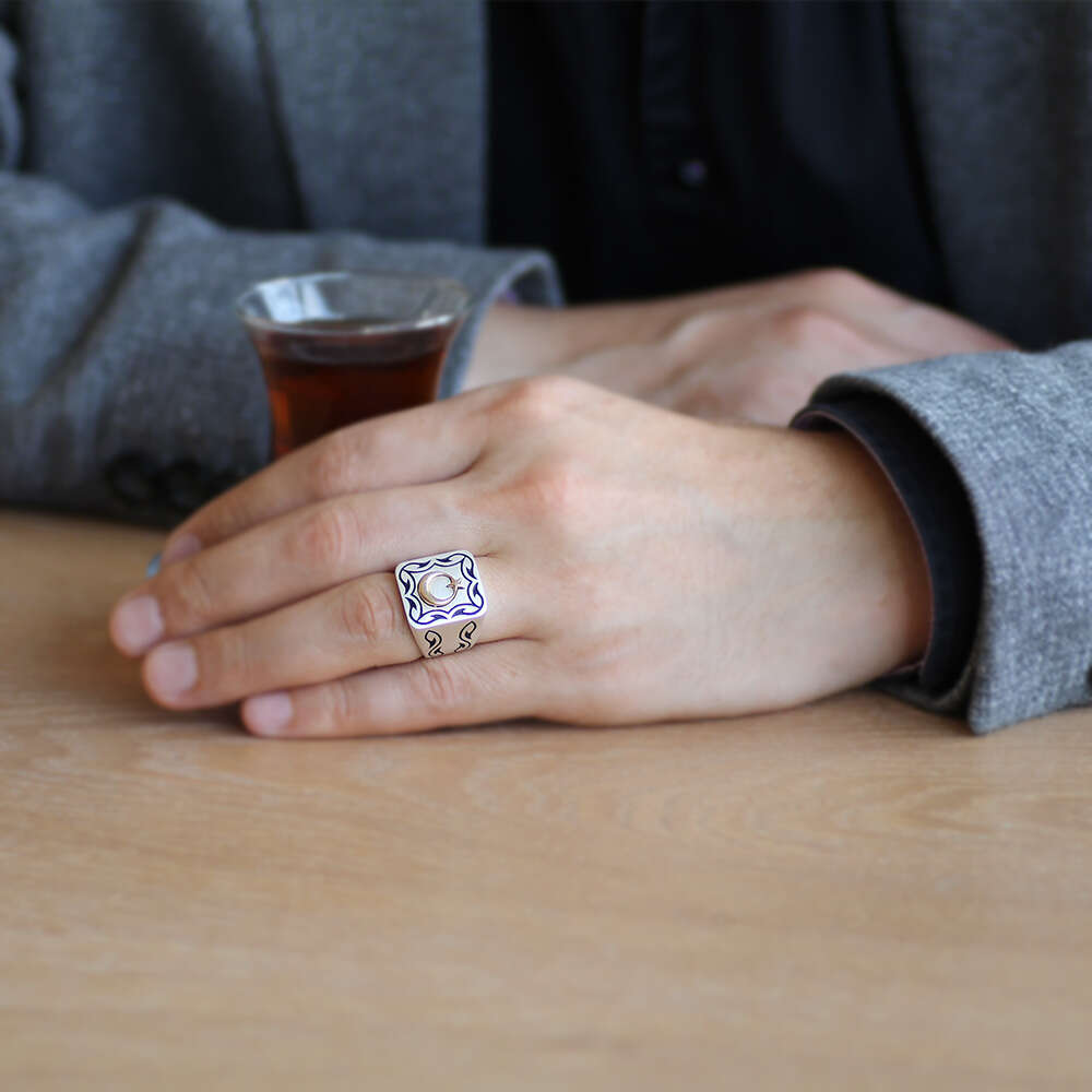 Kare Tasarım Ayyıldız Temalı Özel Renk 925 Ayar Gümüş Erkek Yüzük - 2