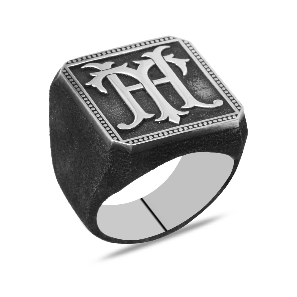 Kare Tasarım İsme Özel Harf Yazılı 925 Ayar Gümüş Erkek Yüzük - 3