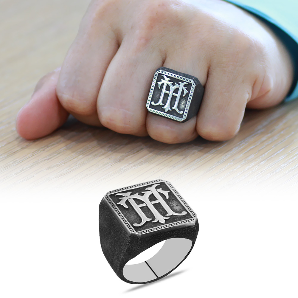 Kare Tasarım İsme Özel Harf Yazılı 925 Ayar Gümüş Erkek Yüzük - 1