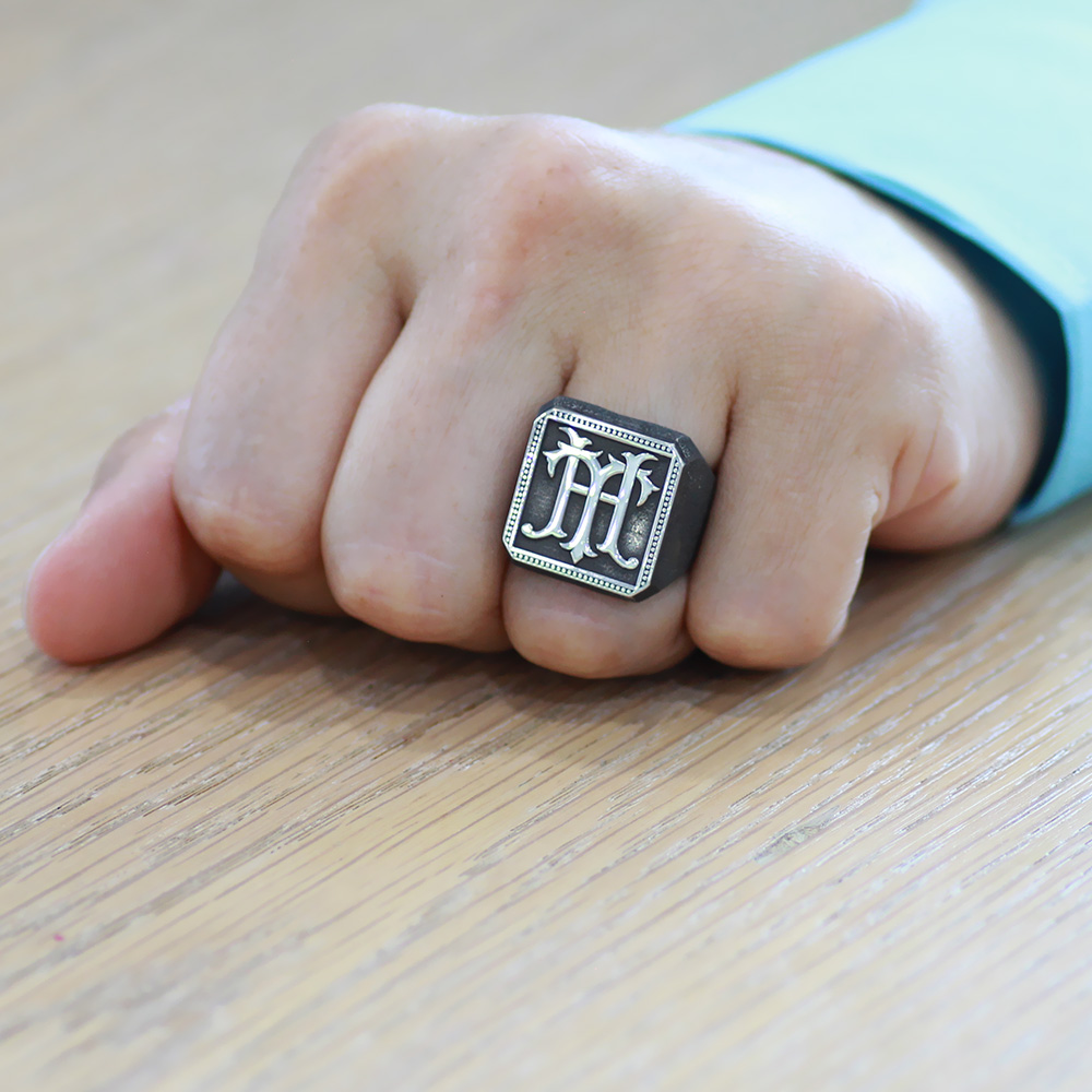 Kare Tasarım İsme Özel Harf Yazılı 925 Ayar Gümüş Erkek Yüzük - 2