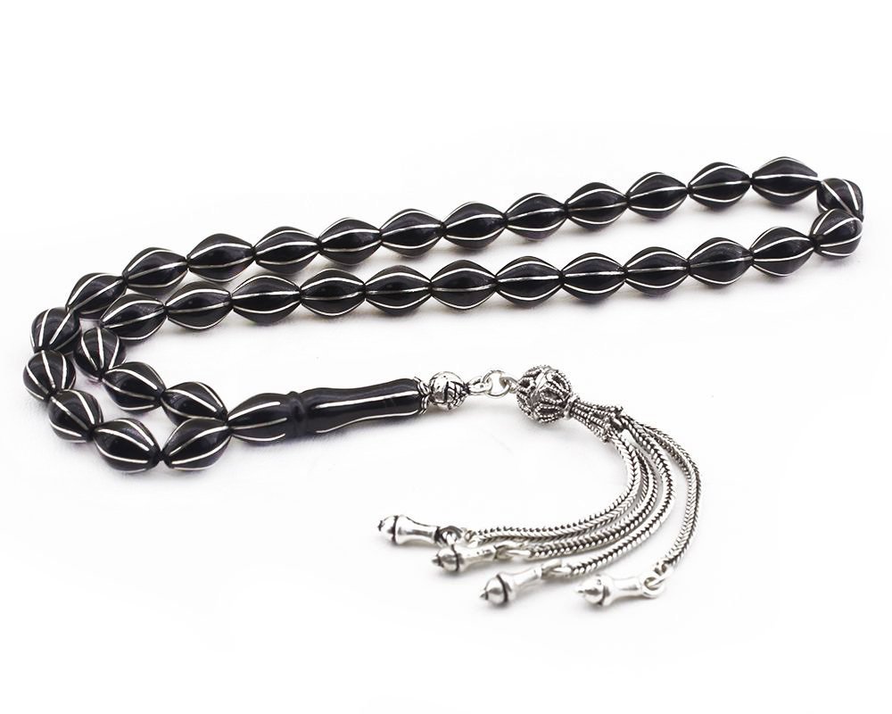 925 Ayar Gümüş Püsküllü Gümüş 6'lı Karpuz Yarma Erzurum Oltu Taşı Tesbih - M2 - 1