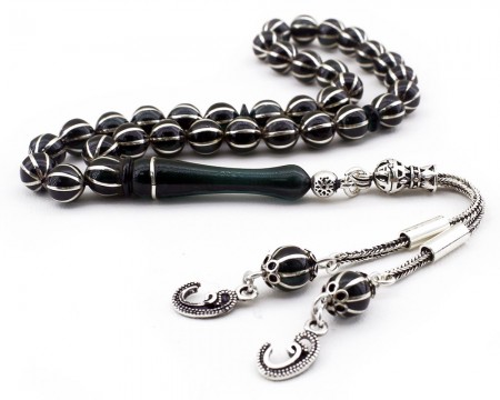 Karpuz Dilim İşlemeli Vav Püsküllü Sıkma Kehribar Tesbih - Tesbihane