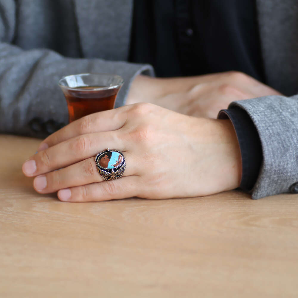 Kartal Tasarım Doğal Arizona Turkuaz Taşlı 925 Ayar Gümüş Erkek Yüzük - 3