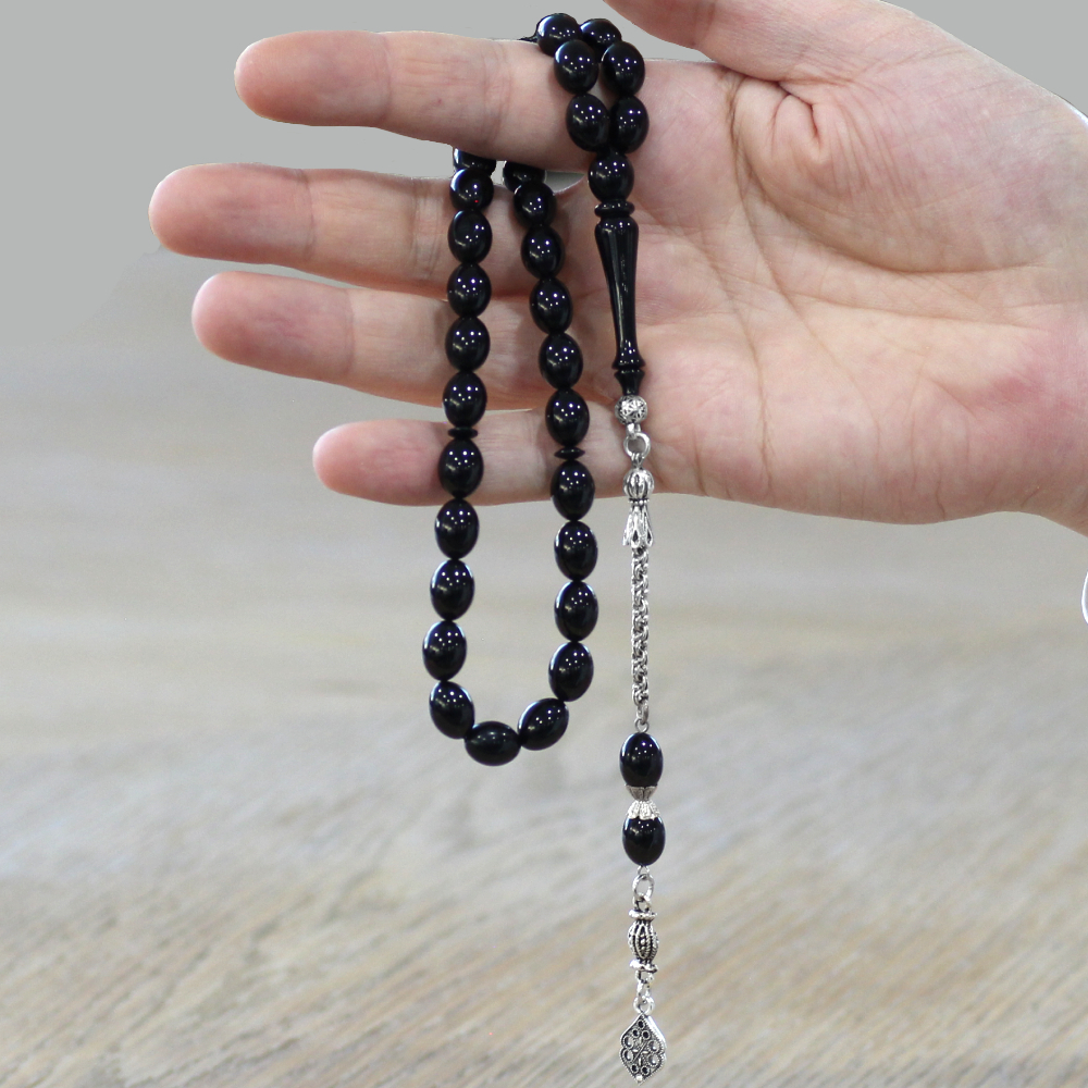 Katalin Tesbih - Kararmaz Metal Arnavut Püsküllü - Arpa Kesim - Siyah Renk - 2