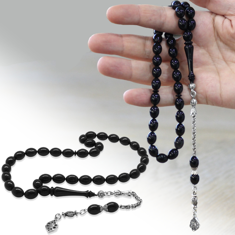 Katalin Tesbih - Kararmaz Metal Arnavut Püsküllü - Arpa Kesim - Siyah Renk - 1