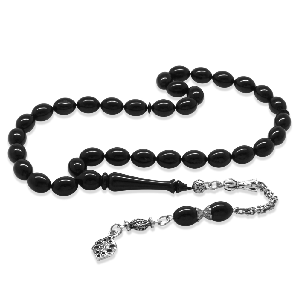 Katalin Tesbih - Kararmaz Metal Arnavut Püsküllü - Arpa Kesim - Siyah Renk - 4