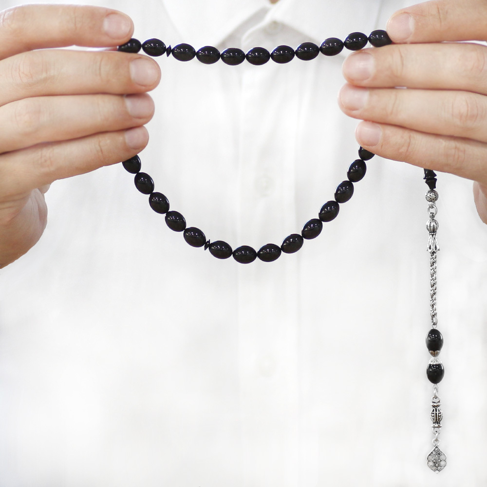 Katalin Tesbih - Kararmaz Metal Arnavut Püsküllü - Arpa Kesim - Siyah Renk - 3
