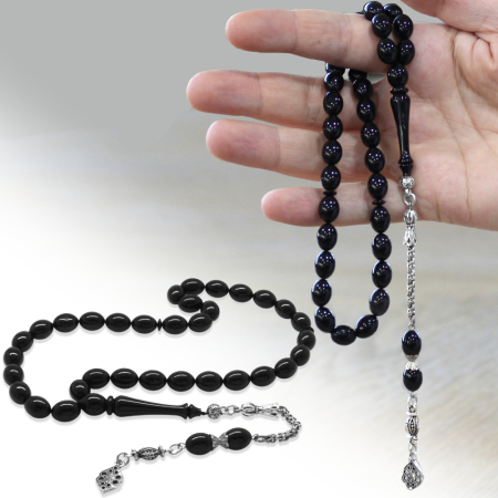Katalin Tesbih - Kararmaz Metal Arnavut Püsküllü - Arpa Kesim - Siyah Renk - Tesbihane