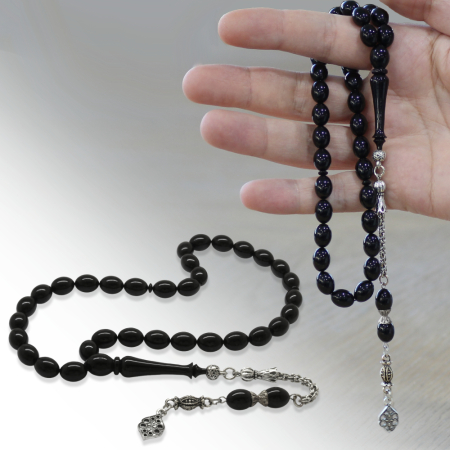 Katalin Tesbih - Kararmaz Metal Arnavut Püsküllü - Siyah Renk - Özel Kesim - Tesbihane