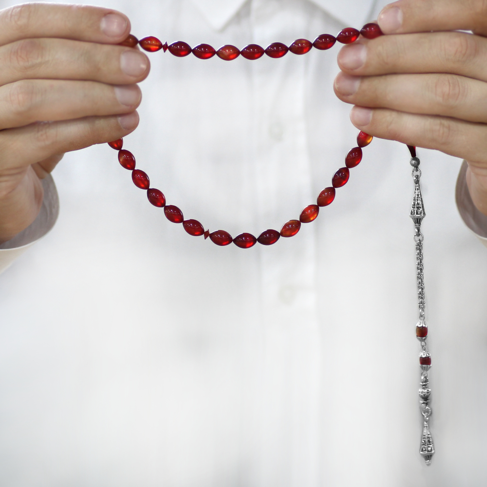 Katalin Tesbih - Kararmaz Metal Arnavut Zincir Püsküllü - Sedefli Sarı Kırmızı Renk - Arpa Kesim - 3