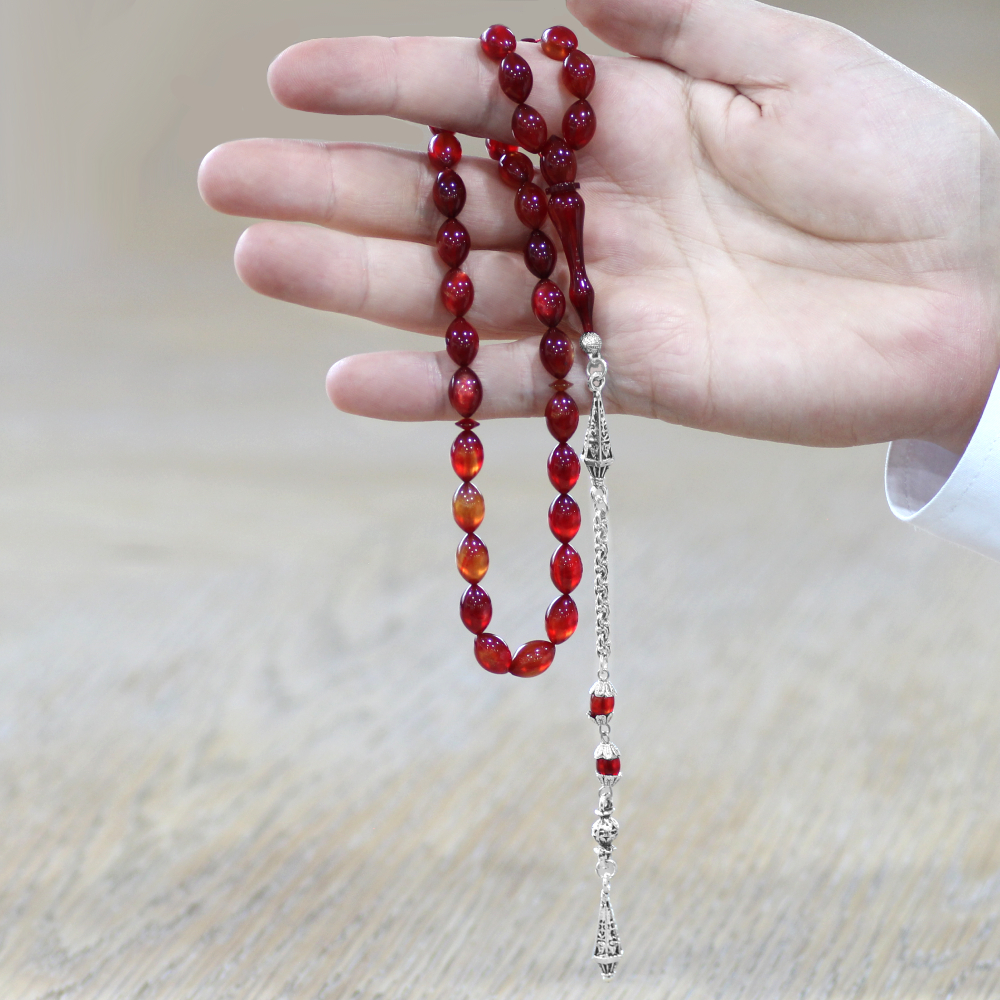 Katalin Tesbih - Kararmaz Metal Arnavut Zincir Püsküllü - Sedefli Sarı Kırmızı Renk - Arpa Kesim - 2