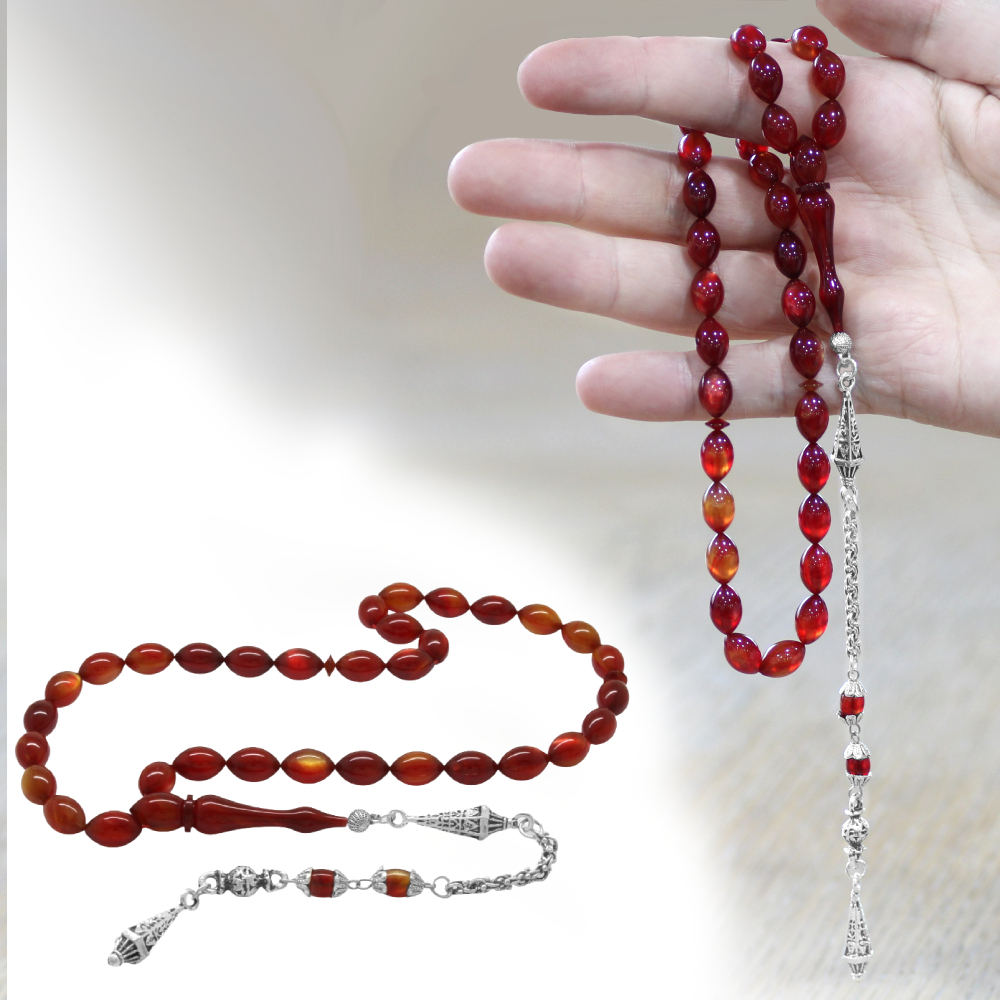 Katalin Tesbih - Kararmaz Metal Arnavut Zincir Püsküllü - Sedefli Sarı Kırmızı Renk - Arpa Kesim - 1