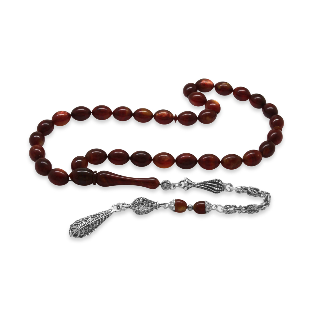 Katalin Tesbih - Kararmaz Metal Kral Zincir Püsküllü - Küre Kesim - Sedefli Kırmızı Renk - 4