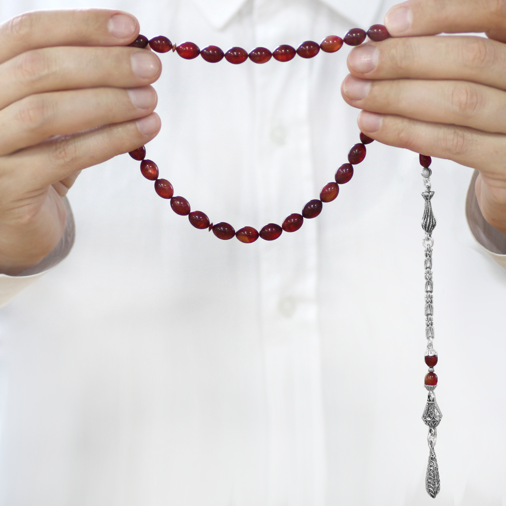 Katalin Tesbih - Kararmaz Metal Kral Zincir Püsküllü - Küre Kesim - Sedefli Kırmızı Renk - 3