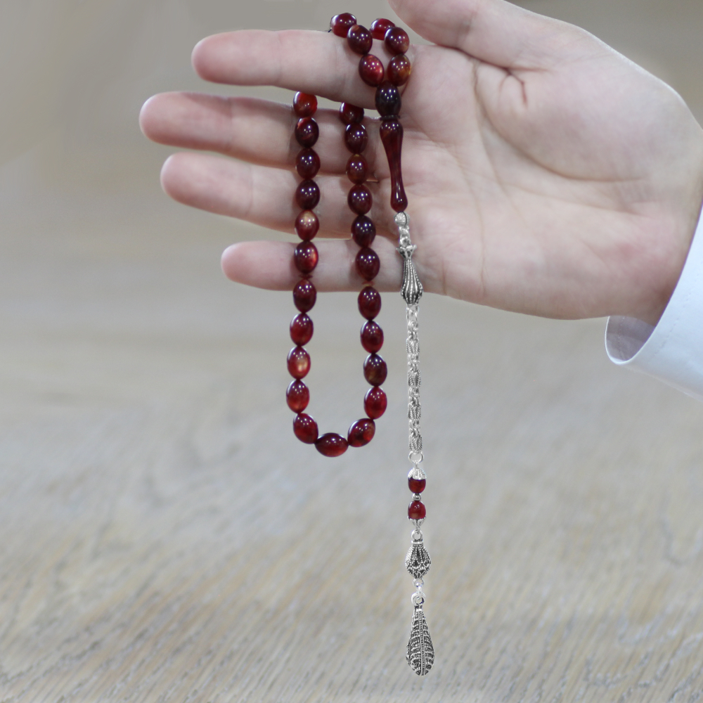 Katalin Tesbih - Kararmaz Metal Kral Zincir Püsküllü - Küre Kesim - Sedefli Kırmızı Renk - 2