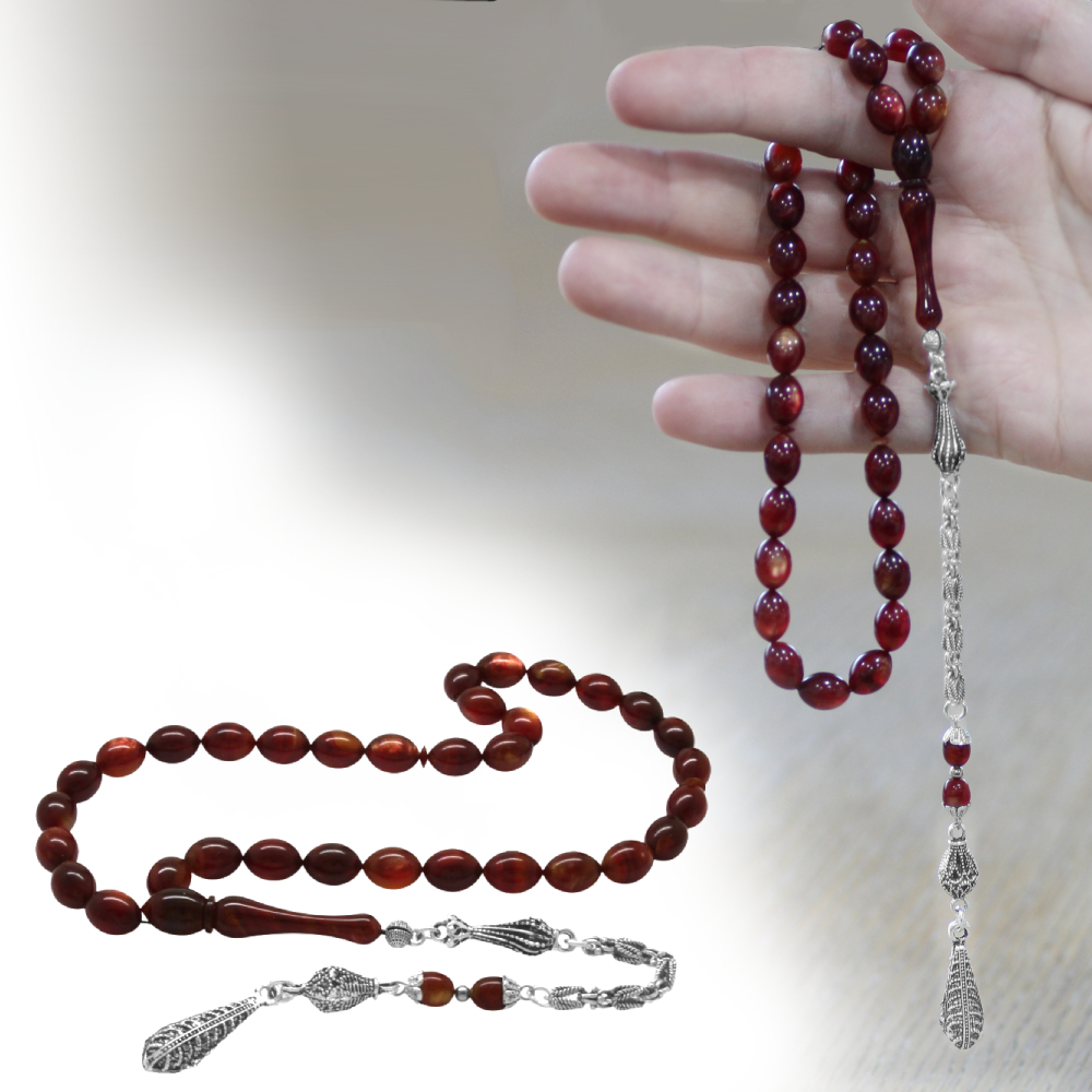 Katalin Tesbih - Kararmaz Metal Kral Zincir Püsküllü - Küre Kesim - Sedefli Kırmızı Renk - 1