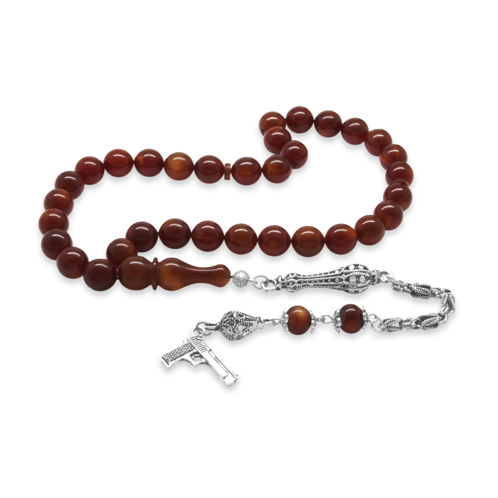 Katalin Tesbih - Kararmaz Metal Kral Zincir Püsküllü - Sedefli Kırmızı Renk - Küre Kesim - 4