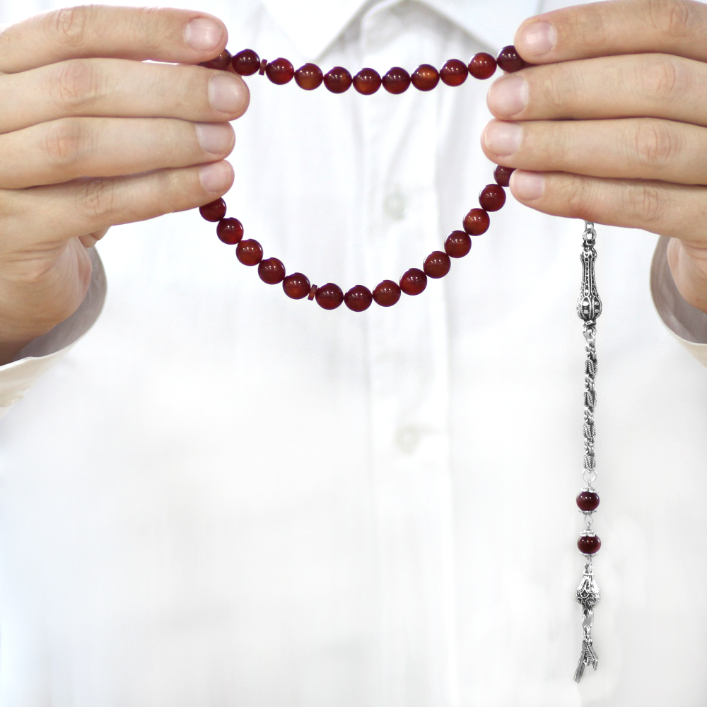 Katalin Tesbih - Kararmaz Metal Kral Zincir Püsküllü - Sedefli Kırmızı Renk - Küre Kesim - 3