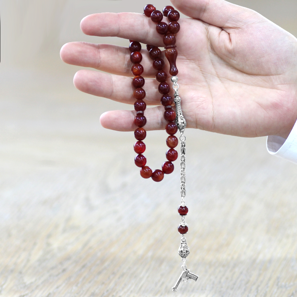 Katalin Tesbih - Kararmaz Metal Kral Zincir Püsküllü - Sedefli Kırmızı Renk - Küre Kesim - 2