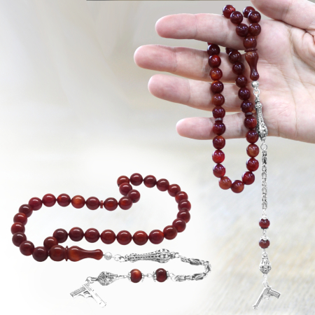 Katalin Tesbih - Kararmaz Metal Kral Zincir Püsküllü - Sedefli Kırmızı Renk - Küre Kesim - Tesbihane