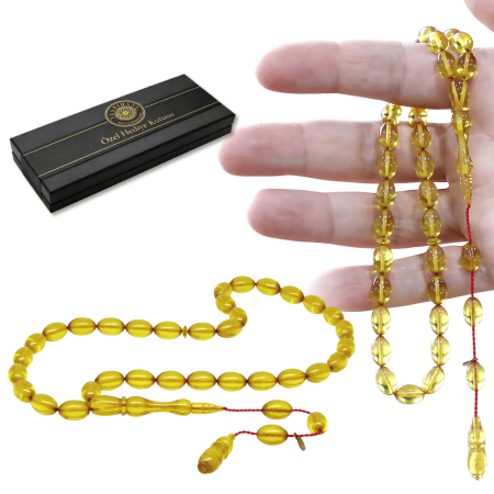 Katalin Tesbih - Sistemli - Usta İşçilikli - Özel Kutulu - Sarı Renk - Arpa Kesim - Tesbihane