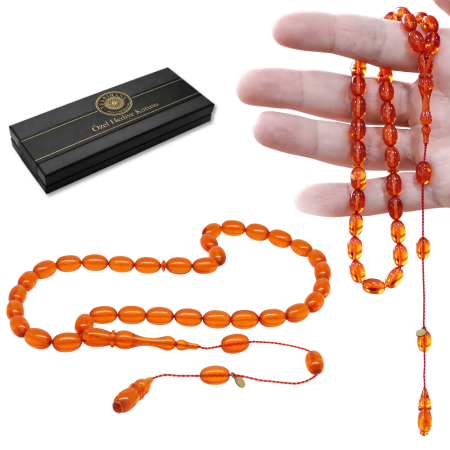 Katalin Tesbih - Sistemli - Usta İşçilikli - Özel Kutulu - Turuncu Renk - Arpa Kesim - Tesbihane