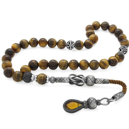 1000 Ayar Gümüş Kazaz Püsküllü Küre Kesim Kaplan Gözü Doğaltaş Tesbih - M2 - Tesbihane