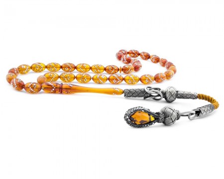 Kazaz Püsküllü İşlemeli Bal Rengi Sıkma Kehribar Tesbih - Tesbihane