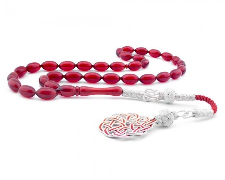 Kazaz Püsküllü Kırmızı Sıkma Kehribar Tesbih - Tesbihane