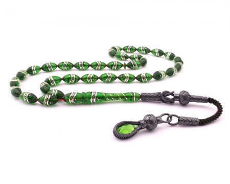 Kazaz Püsküllü Yeşil Gümüş İşlemeli Sıkma Kehribar Tesbih - Tesbihane