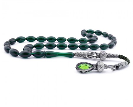 Kazaz Püsküllü Yeşil Sıkma Kehribar Tesbih - Tesbihane