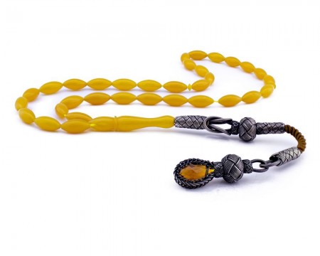 Kazaziye Püsküllü Sarı Sıkma Kehribar Tesbih - Tesbihane