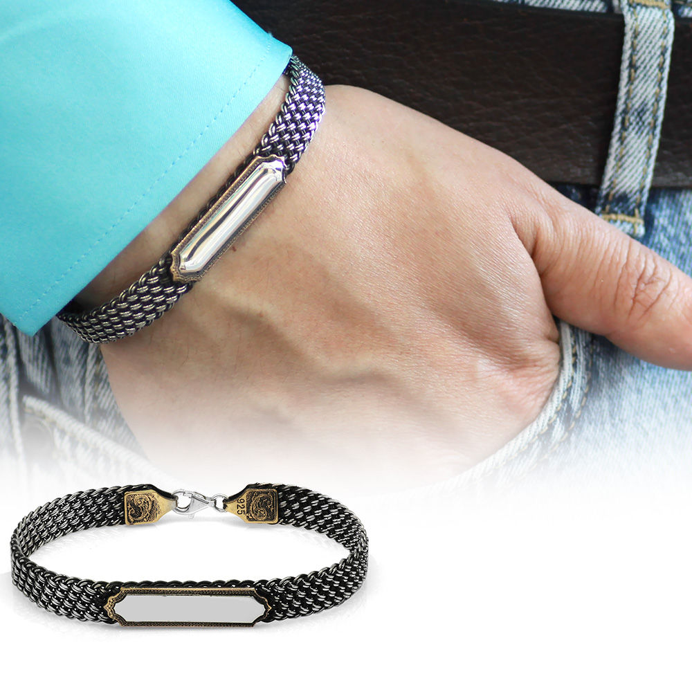 El İşçiliği Kazaziye Tasarım İsme Özel Yazılı 925 Ayar Gümüş Erkek Bileklik - 1