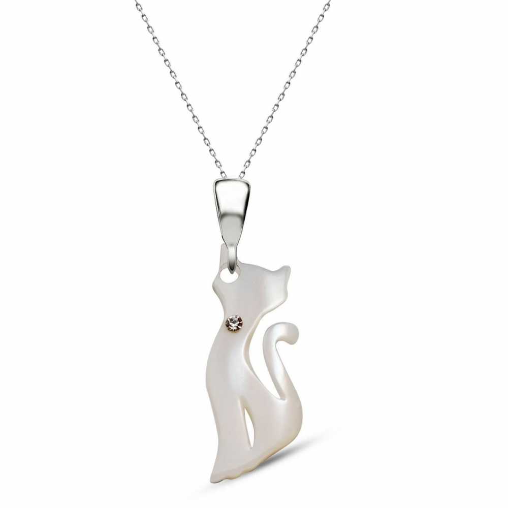 Kedi Model  Zirkon Taşlı Sedef Kolye (Gümüş Zincirli) - 1