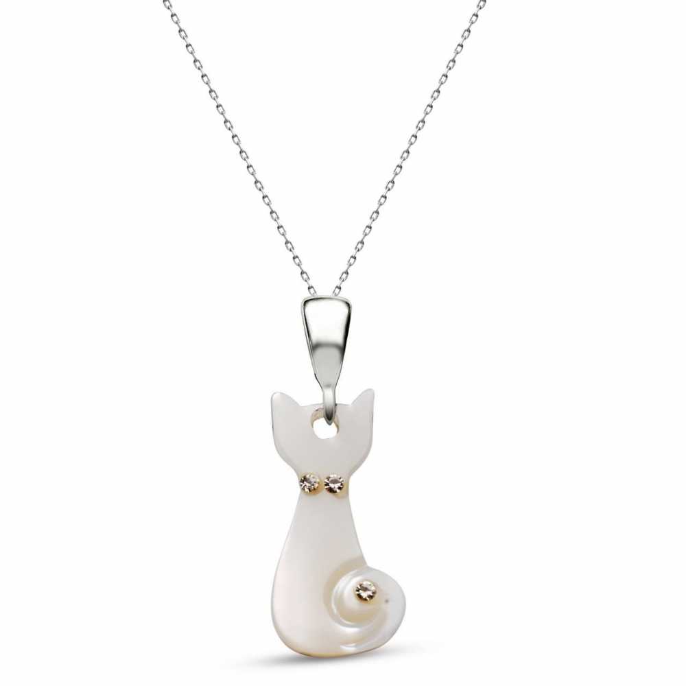 Kedi Model Zirkon Taşlı Sedef Kolye (Gümüş Zincirli)(Model-2) - 1