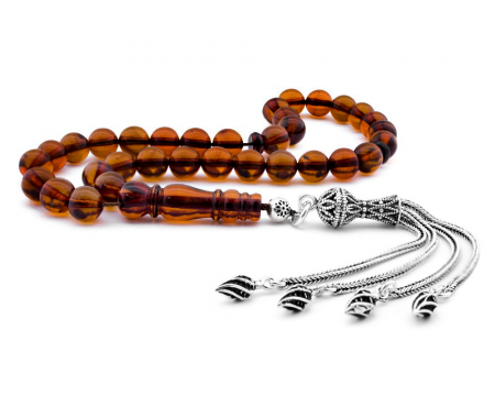 Kehribar Dizisi Tesbihi Gümüş Küre Kesim Damla Kehribar Tesbih - Tesbihane