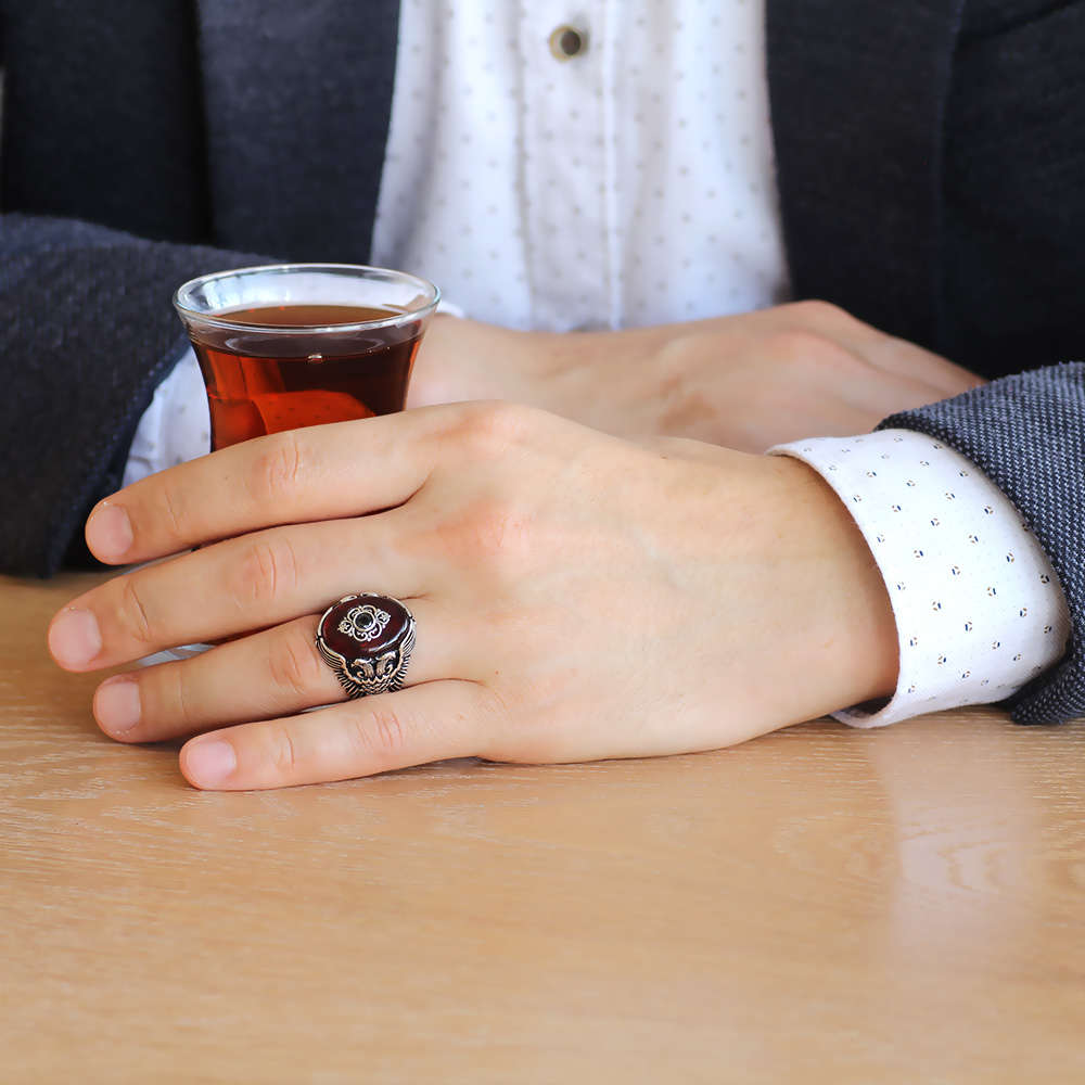 Kehribar Taşlı Çift Kartal Tasarım 925 Ayar Gümüş Beylerbeyi Yüzüğü - 2