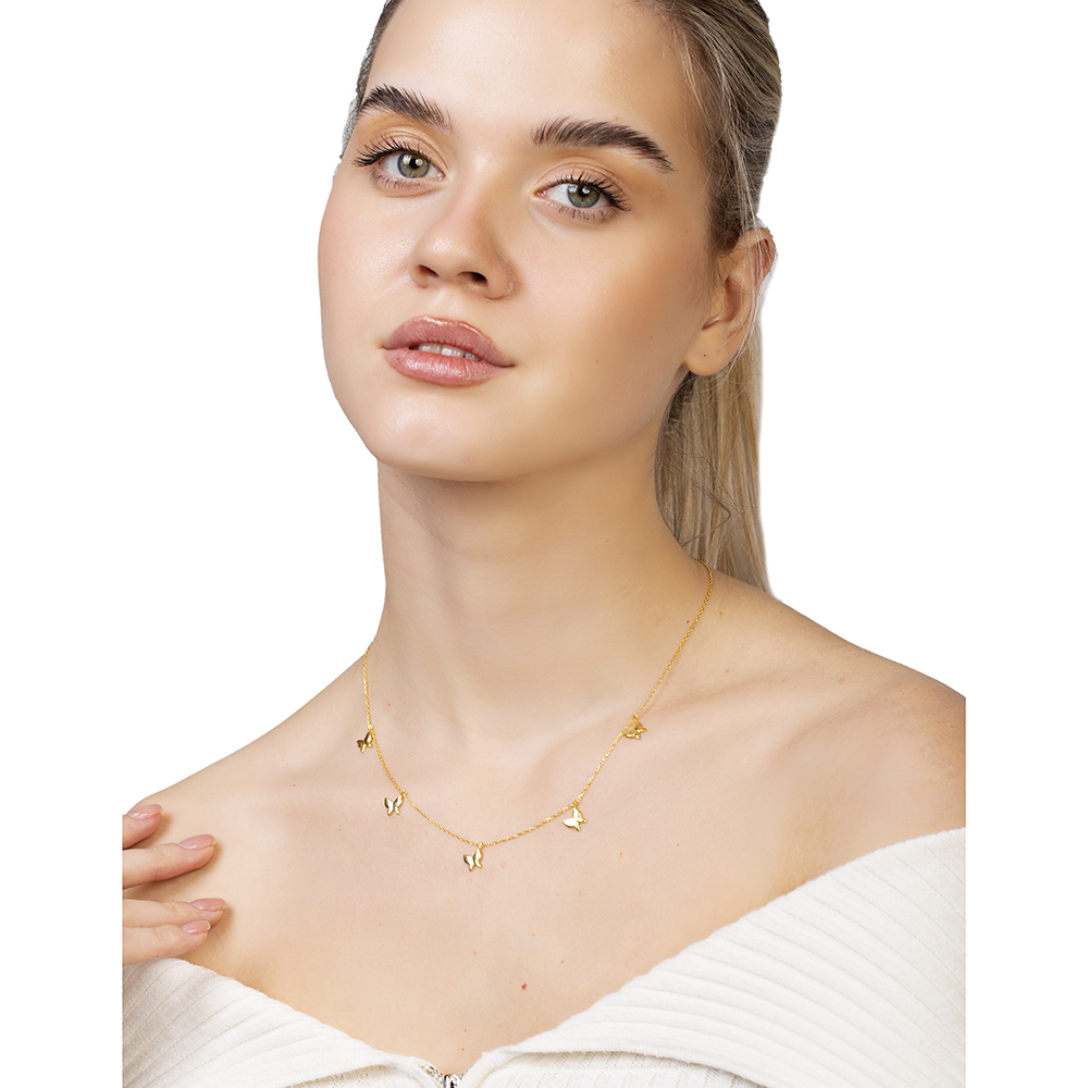 Kelebek Detaylı Altın Renk 925 Ayar Gümüş Kadın Şans Kolyesi - 2