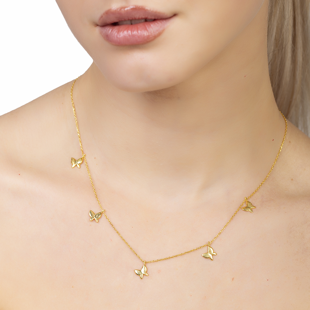 Kelebek Detaylı Altın Renk 925 Ayar Gümüş Kadın Şans Kolyesi - 4