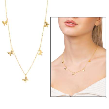 Kelebek Detaylı Altın Renk 925 Ayar Gümüş Kadın Şans Kolyesi - Tesbihane