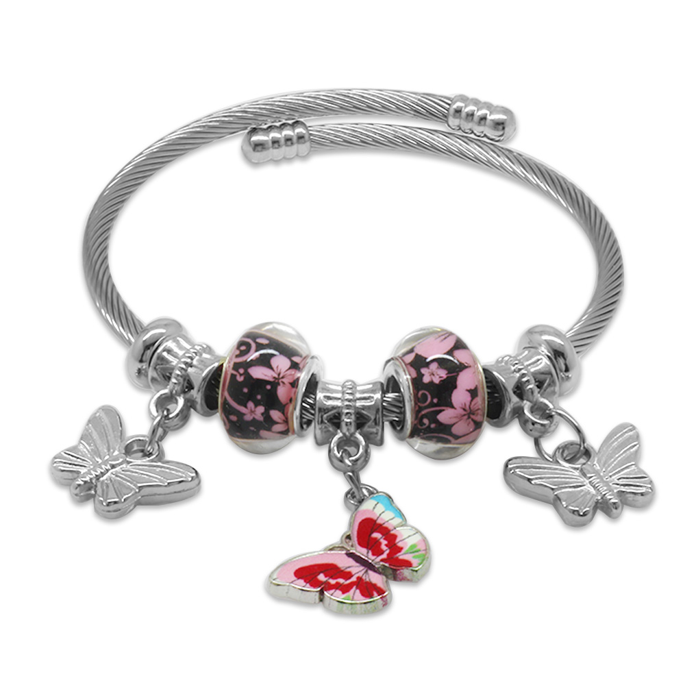 Kelebek Detaylı Pandora Tasarım Gümüş Renk Çelik Kadın Sallantılı Bileklik - 1