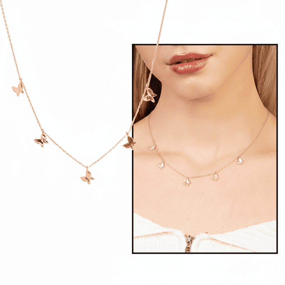 Kelebek Detaylı Rose Renk 925 Ayar Gümüş Kadın Şans Kolyesi - 1