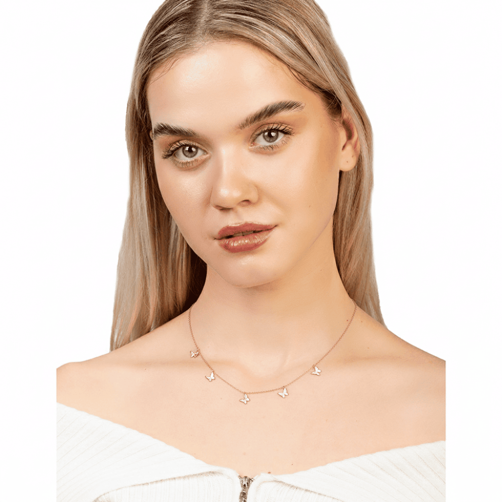 Kelebek Detaylı Rose Renk 925 Ayar Gümüş Kadın Şans Kolyesi - 2