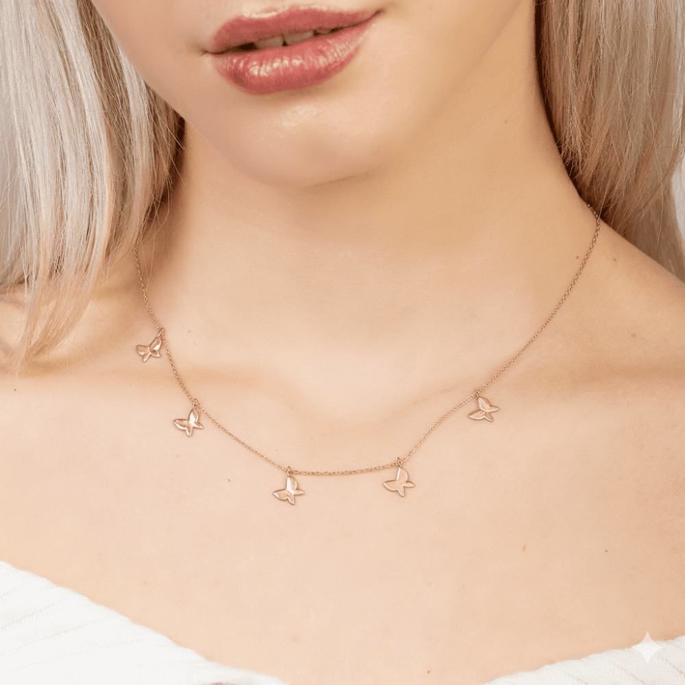 Kelebek Detaylı Rose Renk 925 Ayar Gümüş Kadın Şans Kolyesi - 4