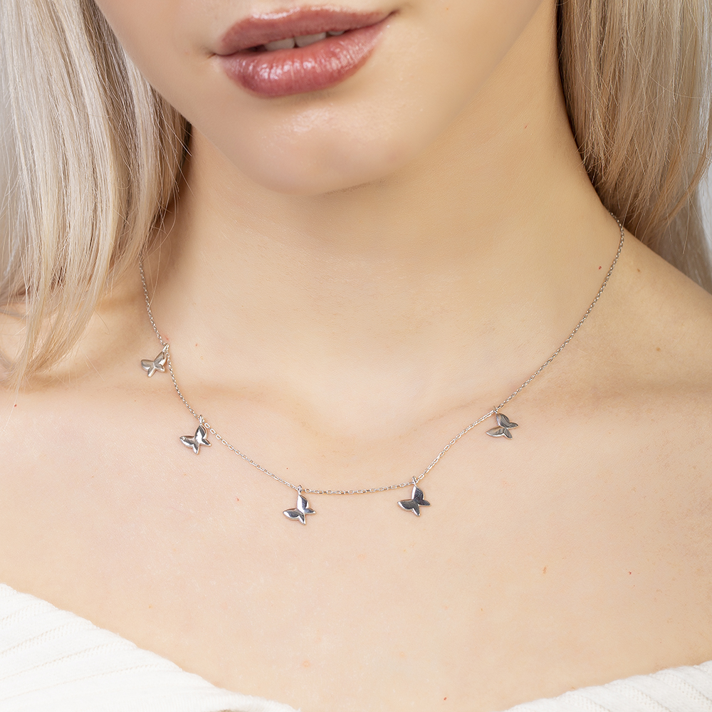 Kelebek Detaylı Gümüş Renk 925 Ayar Gümüş Kadın Şans Kolyesi - 4